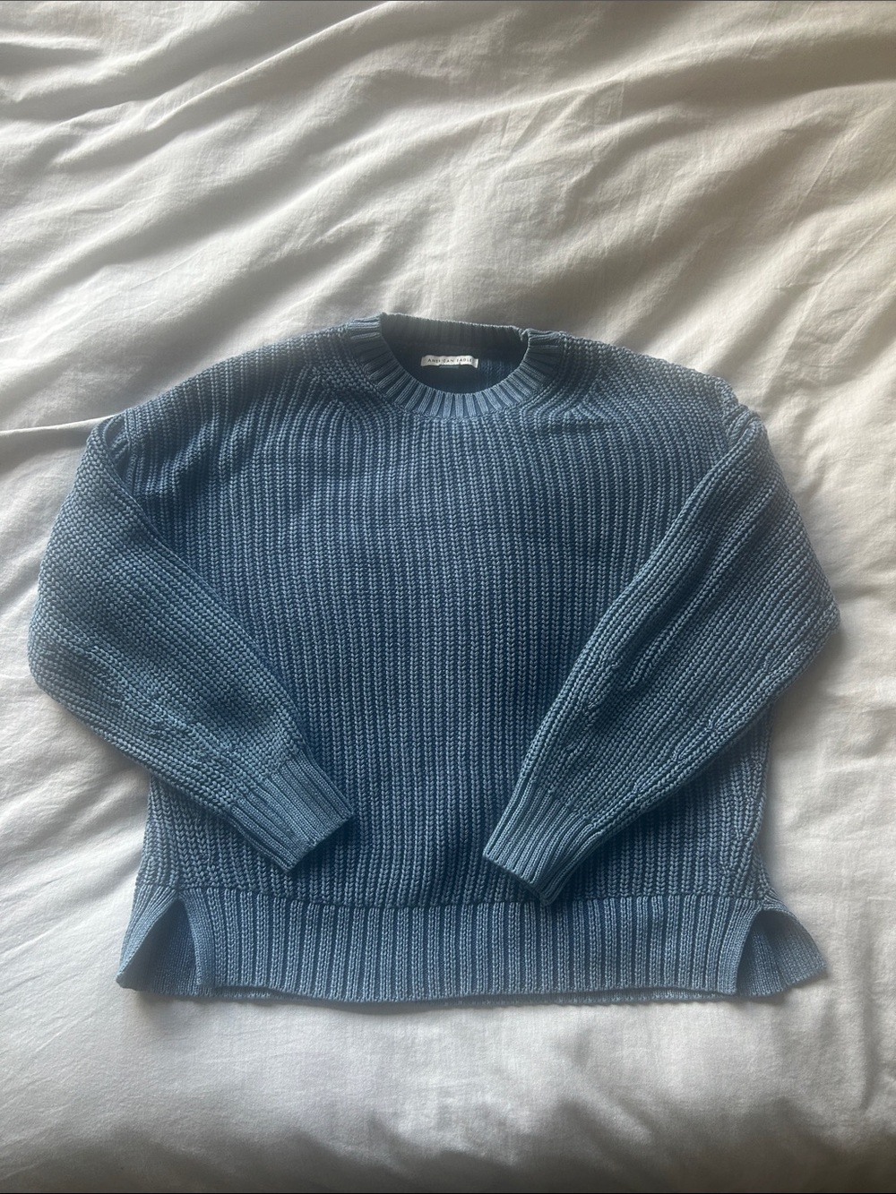 American Eagle Outfitters Distressed Blue Ribbed Crewneck Sweater